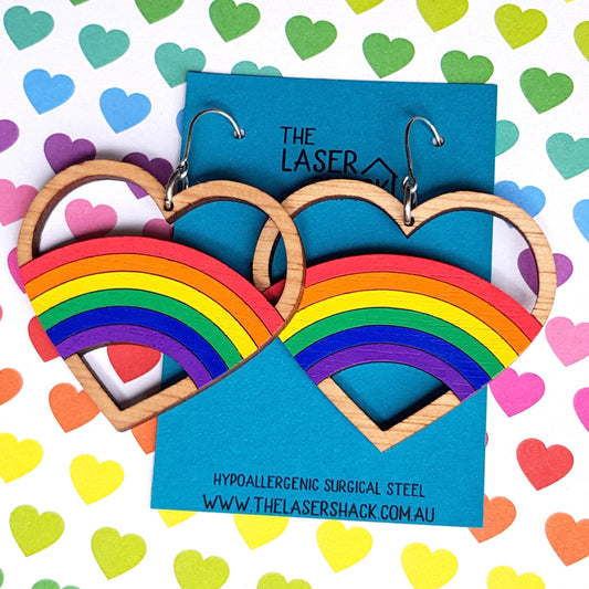Earrings Rainbow Heart - Hand-Painted Wood