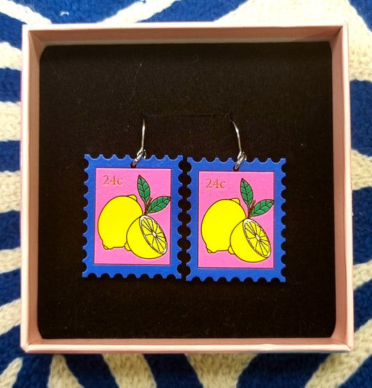 Earrings Stamp Lemons - Hand-Painted Wood
