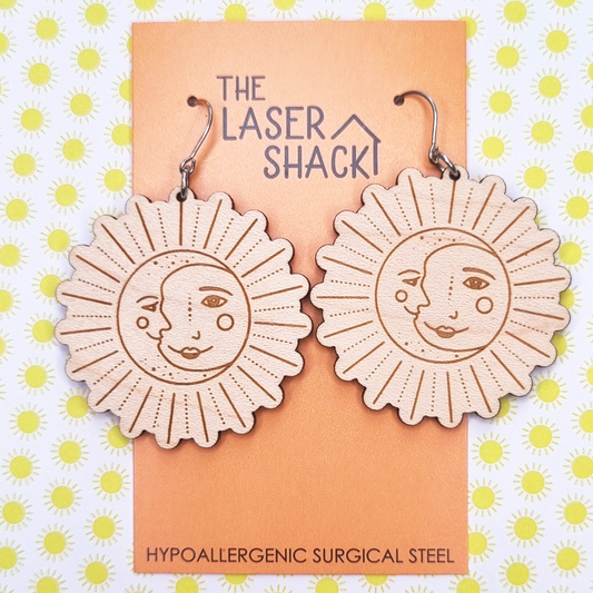 Earrings Celestial Sun & Moon - Wood
