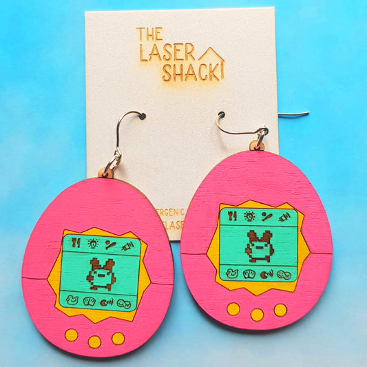 Earrings Tamagotchi Pink - Hand-Painted Wood