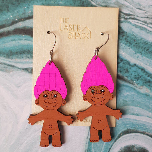 Earrings Trolls Neon Pink - Hand-Painted Wood