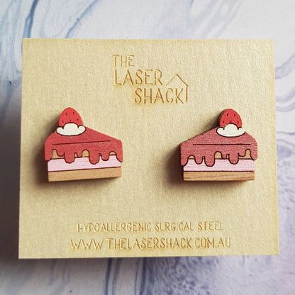 Strawberry Cake Glitter Studs Hand-Painted Wood