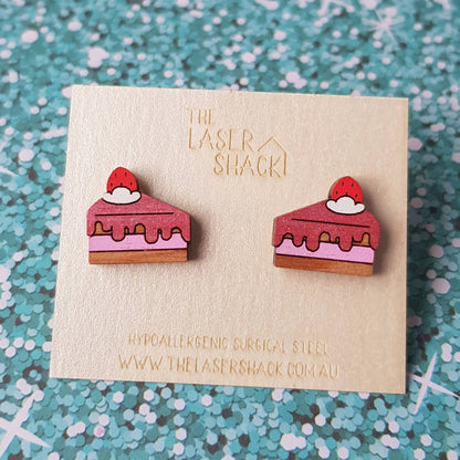 Strawberry Cake Glitter Studs Hand-Painted Wood